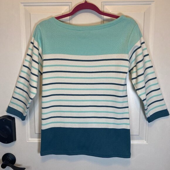 LL Bean Cotton Knit Sweater Sz S Women’s 3/4 Sleeve Boat Neck Stripes #501776 - Picture 2 of 11